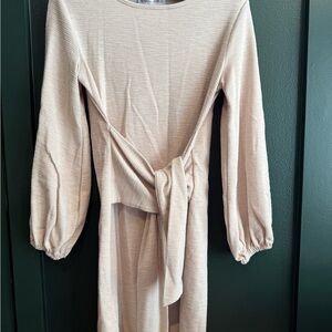 Beige Long Sleeve Dress with Tie Front